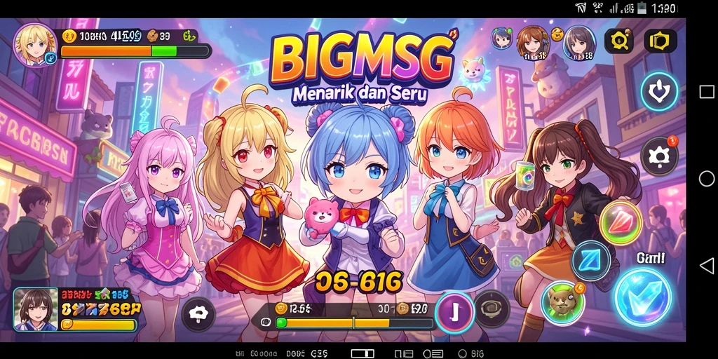 Screenshot utama gameplay BIGMSG menampilkan karakter anime dan pertarungan seru.