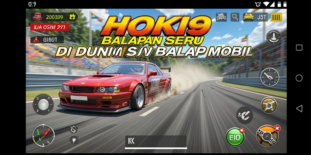 Screenshot gameplay HOKI9 yang menunjukkan mobil balap di lintasan.