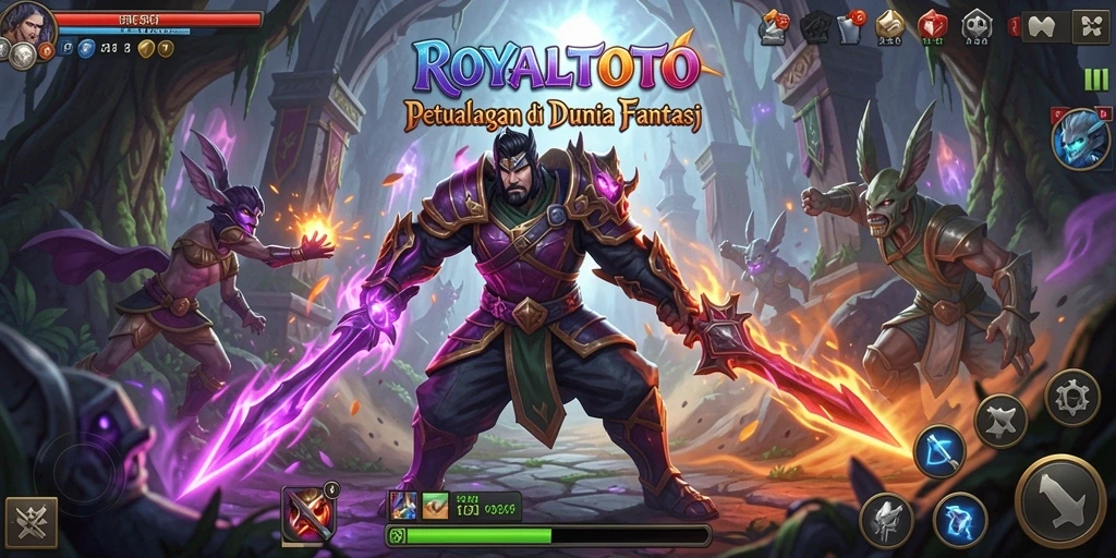 Screenshot gameplay ROYALTOTO yang menunjukkan pertarungan epik di dunia fantasi.