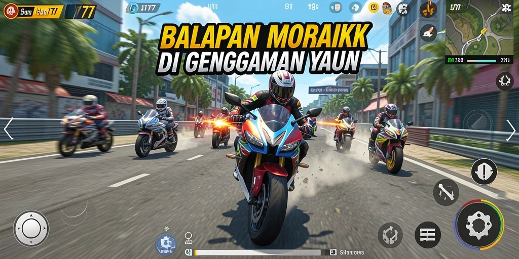 Screenshot UT77 menampilkan aksi balapan motor yang seru dan mendebarkan.
