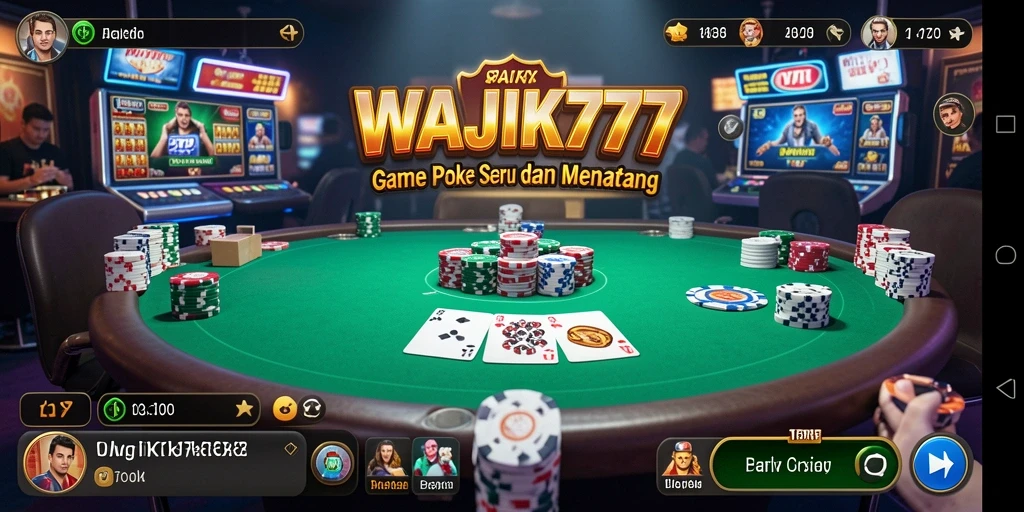 Screenshot utama menunjukkan gameplay poker yang intens di WAJIK777.