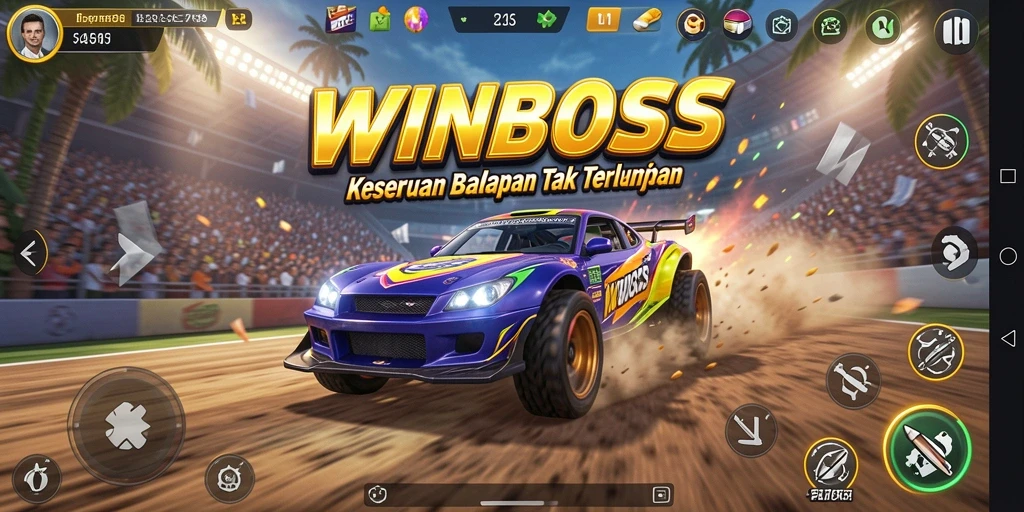 Screenshot gameplay WINBOSS yang menampilkan aksi balap mendebarkan.